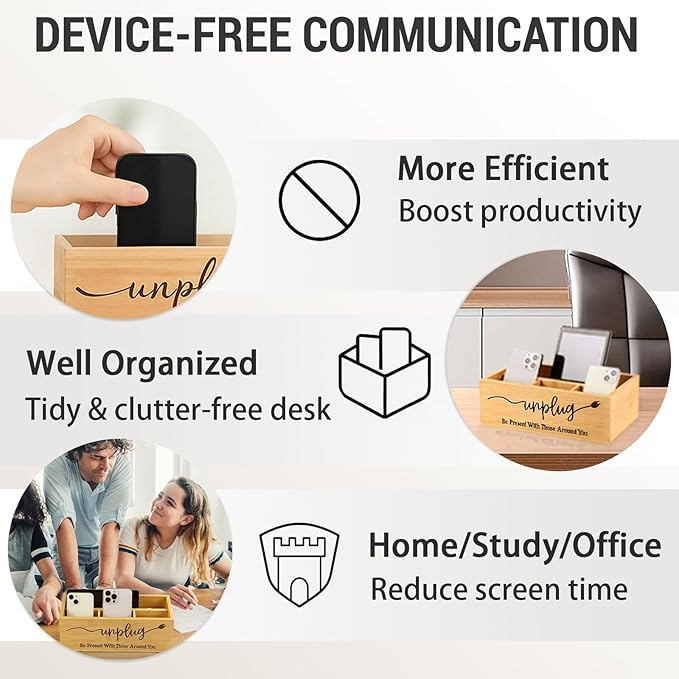 Bamboo Wood Phone Box – Unplug from Phones Tablets and Electronics for Study Meetings and Family Time Phone Holder Organizer with Charging Holes Farmhouse Style Holds Up to 18 Phones-Wood