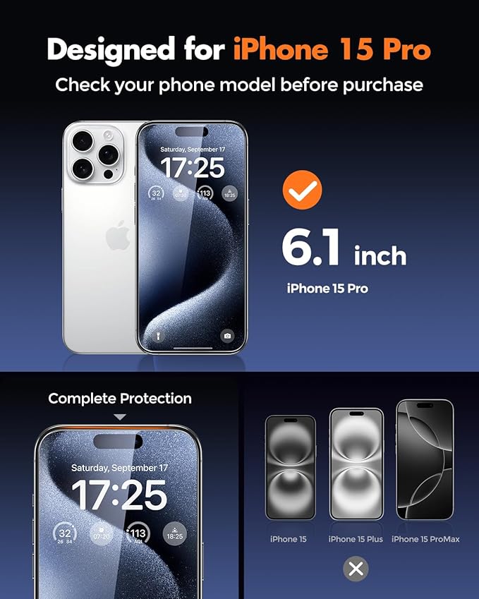 UNBREAKcable iPhone 15 Pro Screen Protector 3-Pack 3 Tempered Glass + 3 Camera Lens Protectors 9H Hardness HD Clarity Anti-Fingerprint Case Friendly 6.1 Inch