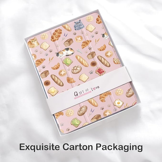 Cute Kawaii Cat Bread for iPad Air 13 Inch Case M3 2025/M2 2024 with Pencil Holder Auto Sleep/Wake Pink Leather Soft TPU Back Cover