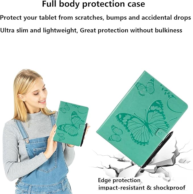Kindle Fire HD 10 Tablet 2019/2017 Case 9th/7th Generation 10.1 with Pencil Holder Pockets [Auto Sleep/Wake] Folio Stand Embossed PU Leather Magnetic Smart Wallet Cover Green Butterfly