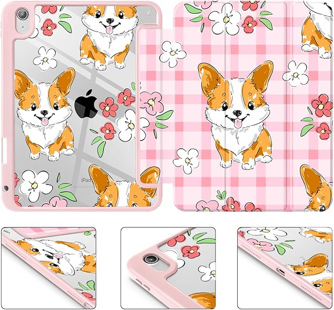May Chen Case for iPad Air 13 Inch M4 2026 M3 2025 M2 2024 [Built-in Pencil Holder] Shockproof Cover with Clear Transparent Back Shell Auto Sleep/Wake Cover Corgi Dog Stripes