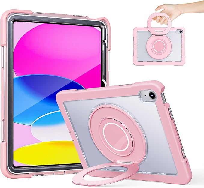 Case for iPad (A16) 11th /10th Generation 11 Inch 2025/10.9 inch 2022with Screen Protector360 Rotating Metal StandClear BackHeavy Duty Shockproof for Kids Case Pink