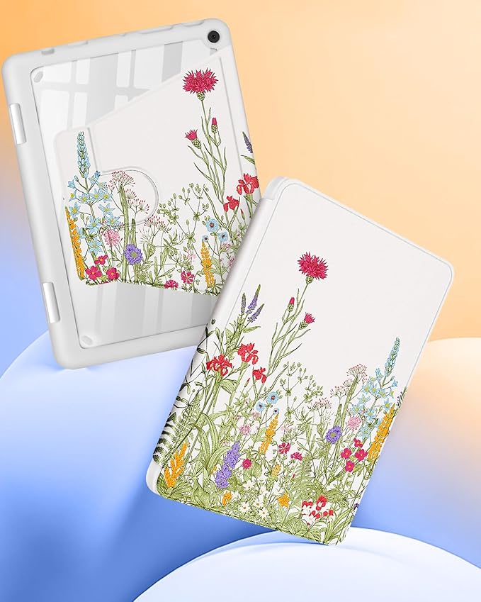 Kidcube for Kindle Fire HD 10/10 Plus Tablet Case - 13th/11th Generation (2023/2021) 10.1 Women Girls Cute Flower Floral Design Rotating Stand Pencil Holder Folio Cases for Amazon Fire HD 10/10 Plus