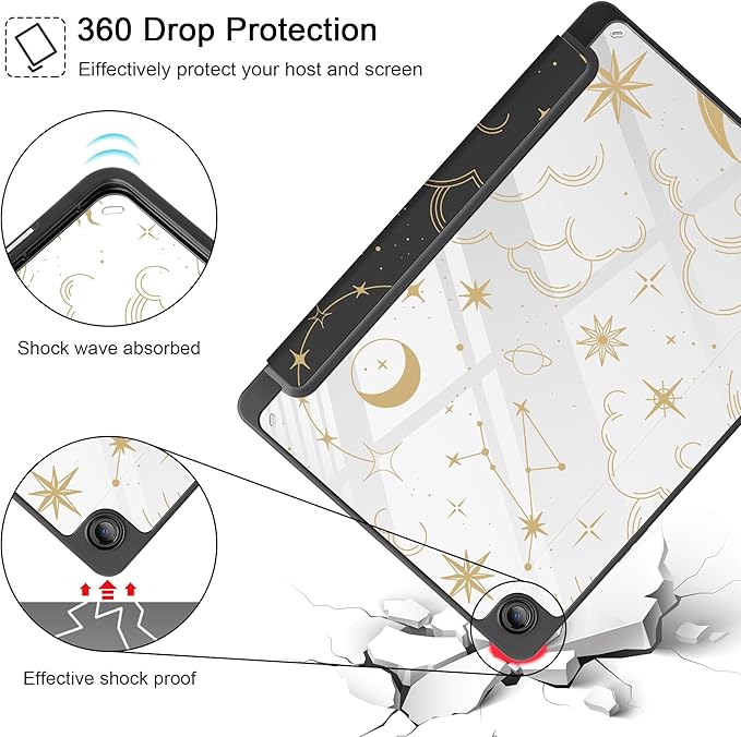 Tuiklol for Samsung Galaxy Tab A9+ Tablet 11” / A9+ Plus 2024 2023Buit-in S-Pen Holder with Clear Protective Cover Transparent Back Shell Auto Wake/Sleep Samsung Tab A9 Plus CoverMoon and Star