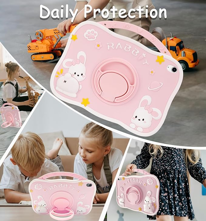 Weuiean Premium Safe Material Silicone 3D Cartoon-Themed Shockproof Case for iPad A16 11th/10th Gen 11/10.9 with Adjustable Shoulder Strap &ampStand for Women Girls Girly Boys Teens Pink Rabbit