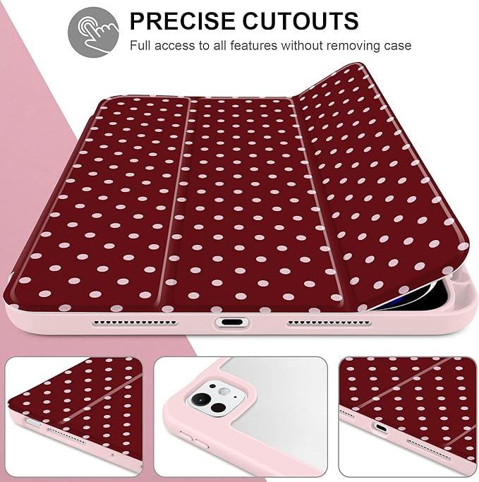 TWOLSKOO Case for iPad Pro 11-inch (M5 2025 / M4 2024) Clear Acrylic Back with TPU Bumper Pencil Holder Trifold Stand Auto Sleep/Wake Red Polka Dot