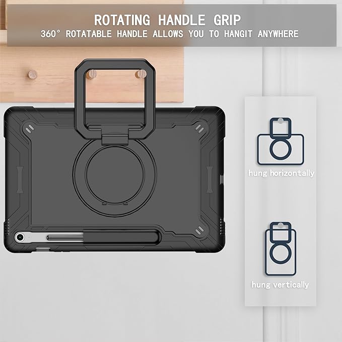 DETUOSI Case for Samsung Galaxy Tab S10 FE Plus 13.1 inch 2025 with Pencil Holder Heavy Duty Shockproof Case with Rotatable Stand &amp Shoulder Strap Black