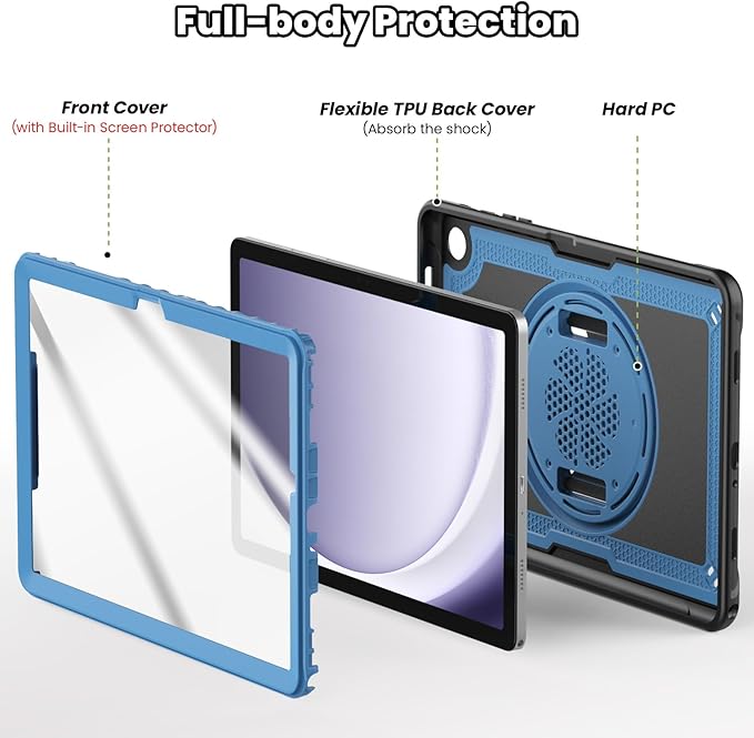 SEYMAC for Samsung Galaxy Tab A9+ Plus Case 11 2023 (SM-X210/X216/X218) Full-Body Shockproof Protective Case with Screen Protector Rotating Stand and Hand/Shoulder Strap Black/Navy Blue