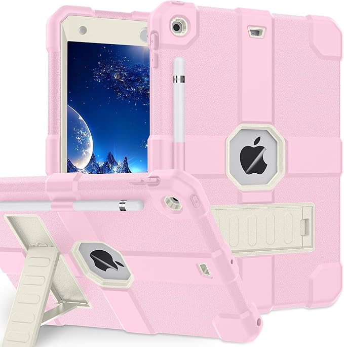Case for iPad 9th/8th/7th Generation 2021/2020/2019(10.2 inch) Heavy Duty Shockproof Rugged Protective 10.2 Cover with Built-in Stand for iPad 9 8 7 Gen(Off-White+Pink)