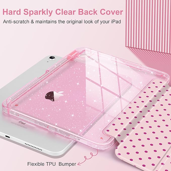 DONGKE for iPad Pro 11 inch Case – Fits M5 2025 / M4 2024 Shockproof Sparkling Glitter Acrylic Back Pencil Holder Trifold Stand Auto Sleep/Wake &amp Touch ID Support - Pink Polka Dot