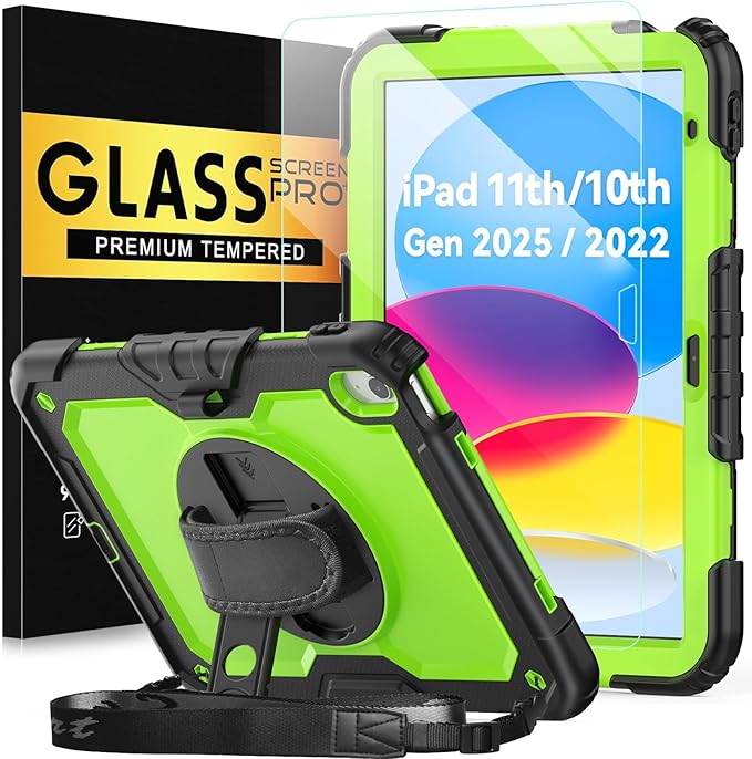 BLOSOMEET Case for iPad A16 11th/10th Generation 11''/10.9'' 2025/2022 with Tempered Glass Screen Protector &amp Pencil Holder Rugged Military Grade Cover w/Stand Hand Shoulder Strap Green