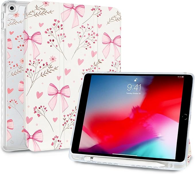Fycyko Trifold Stand Case for iPad 10.2 InchiPad 9th/8th/7th Generation 2021/2020/2019 Aesthetic Pink Bowknot Flower Pattern with Pencil Holder Shockproof Protective CoverBlossom