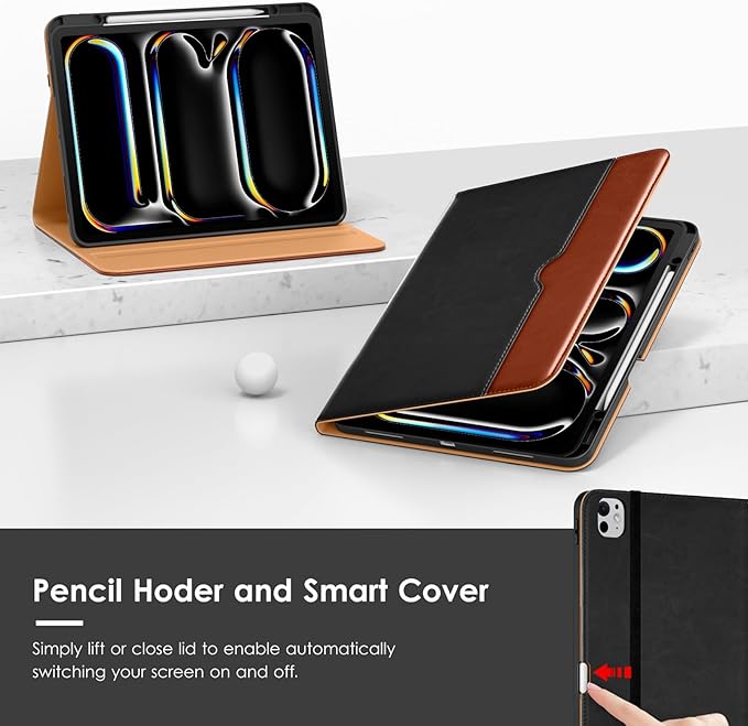 VIKESI Case for iPad Pro 13-inch M5 or M4 Released in 2025 or 2024 Leather Stand Cover with Apple Pencil Holder Auto Wake/Sleep Multiple Viewing Angles Built in Hand Strap &amp PocketBlack Brown