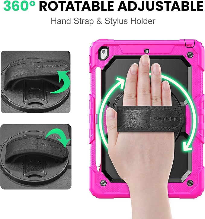 SEYMAC for iPad 9th/8th/7th Generation Case 10.2 2021-2019 Full-Body Shockproof Heavy Duty Protective Case with Screen Protector Rotating Stand/Handle/Shoulder Strap for iPad 10.2 Pink