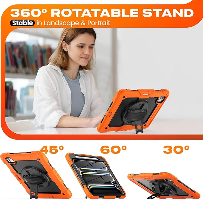 SEYMAC stock Case for iPad Pro 11-inch M5-M4 2025-2024 Shockproof Heavy Duty Case with Screen Protector Pencil Holder Rotating Stand Hand Strap Shoulder Strap Orange
