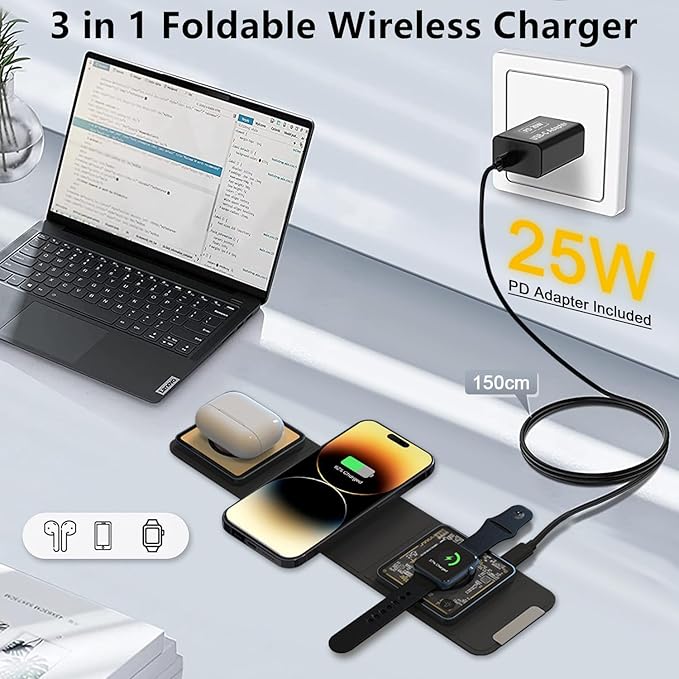 Mag-Safe 3 in 1 Charging Station for Apple [with 25W Adapter] Foldable Magnetic Wireless Charger 15W Fast Charging Pad Travel Charger for Multple Devices for iPhone 15 14 13 12 Apple Watch AirPods