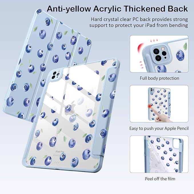 Cute Blueberry for iPad (A16) 11th Generation Case 11 Inch 2025 for iPad 10th Gen Case 10.9 Inch 2022 with Pencil Holder Auto Sleep/Wake Blue Leather Clear Acrylic Back Cover