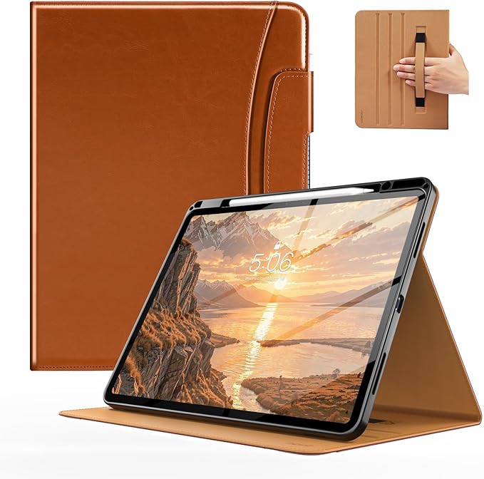 MoKo Case for iPad Air 13-inch (M4) 2026 / (M3) 2025 / (M2) 2024 with Pencil Holder &amp Hand Strap &amp Pocket Premium Leather Folio Stand Cover Multiple Viewing Angles Brown