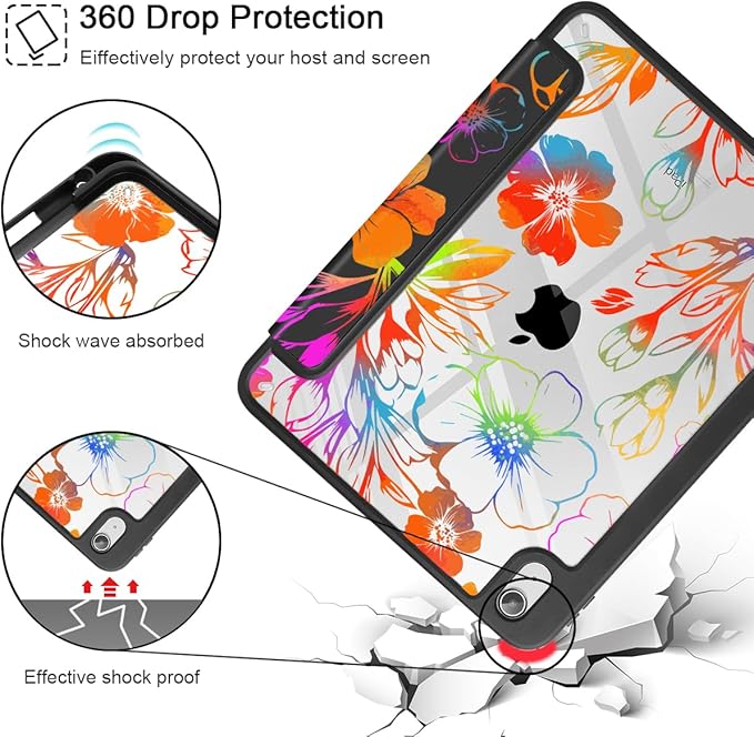 Tuiklol for 2025 iPad (A16 Chip) 11th Generation 11 inch/iPad 10th Generation 10.9 inch 2022 Case Buit in Pencil Holder with Clear Back Shell Cover Trifold Stand Auto Wake/SleepColor Flower Black