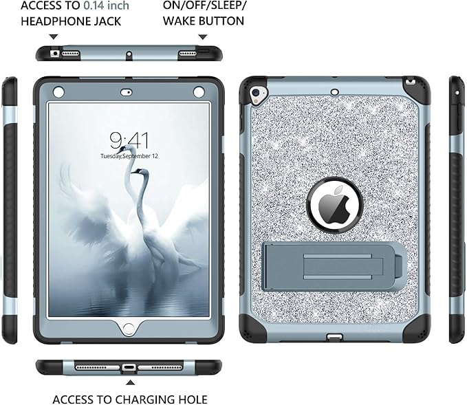 YINLAI Case for iPad 6th GenerationiPad 5th Generation CaseiPad 9.7 CaseGlitter Women Shockproof Drop Protection Cover with Kickstand iPad 9.7 inch iPad Air2 A1893/A1954/A1822/A1823Titanium Blue