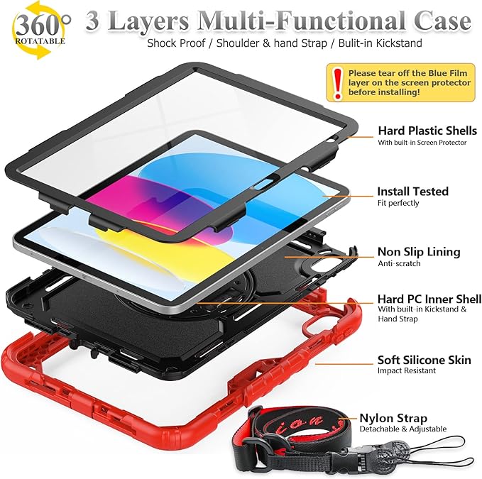 SEYMAC stock Case for iPad (A16) 11th/10th Generation 11''/10.9'' 2025/2022 Full-Body Drop Protection Case with Screen Protector &amp360° Rotate Hand Strap/Stand Black+Red