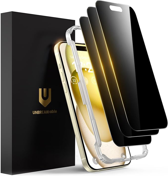 UNBREAKcable Privacy Screen Protector for iPhone 15 (6.1) 25° Anti-Spy Tempered Glass Easy Install Alignment Frame Case-Friendly 9H Hardness Anti-Fingerprint 3-Pack