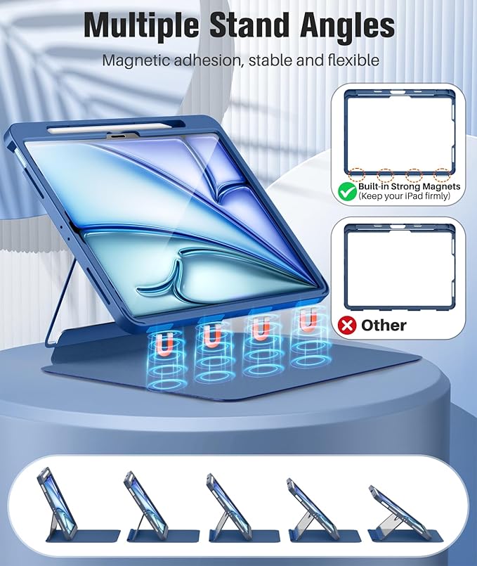 MoKo for iPad Air 13-Inch Case (M4/M3/M2) 2026/2025/2024 with Pencil Holder Heavy Duty 13 Inch iPad Air Case with Screen Protector Clear Back Lens Protector Multi-Angle Magnetic Stand Sea Blue
