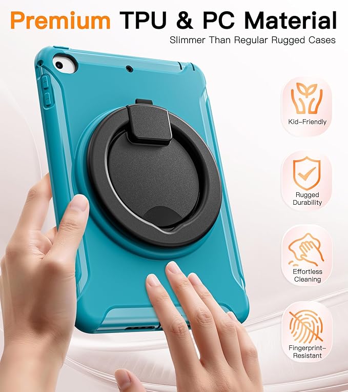 BATYUE Shockproof Case for iPad mini 4/5 (2015/2019) - 360° Multi-Angle Stand (Portrait &amp Landscape) &amp Grip Pencil Holder (Elastic Loop) Multi-Scene for All Ages Lake Blue