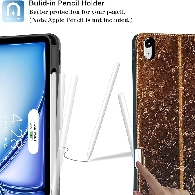 Gexmil Genuine Leather Case for iPad Pro 11 Inch (M5/M4) 2025/2024 with Pencil HolderProtective Shockproof Leather Smart Folio Cover Adjustable Stand Auto Sleep/Wake Anti-Slip Flower Brown