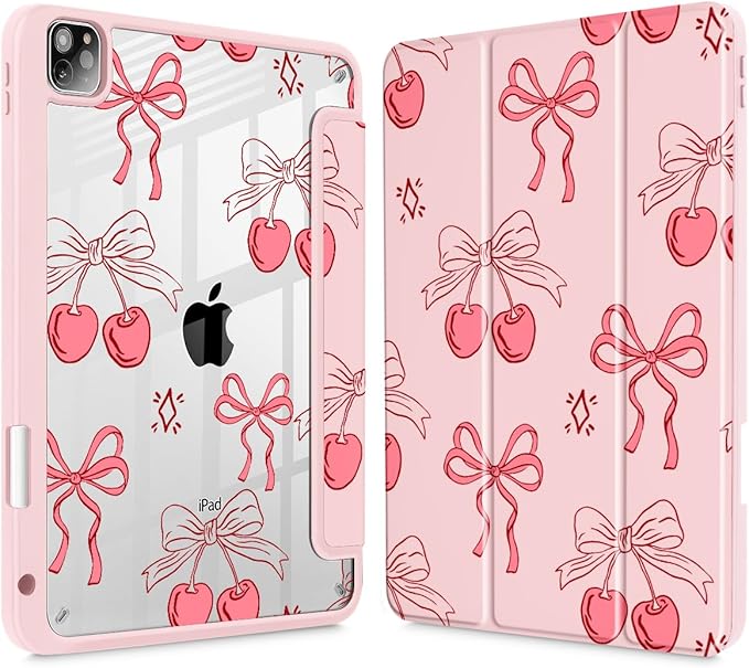 May Chen for iPad Pro 11 inch M2 4th Generation 2022 iPad Pro 11 3rd/2nd/1st Gen Built-in Pencil Holder with Shockproof Cover Clear Transparent Back Shell Auto Wake/Sleep Coquette Cherry Bow