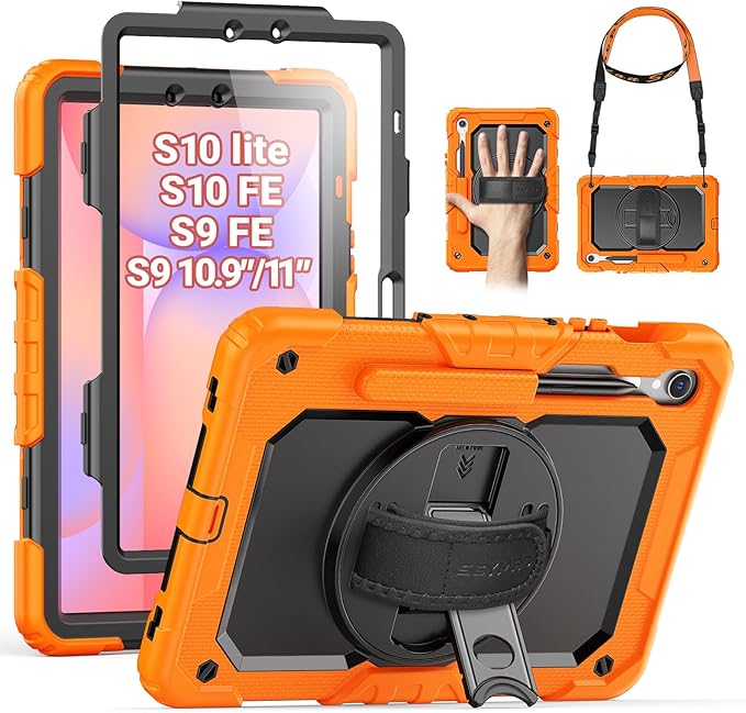 SEYMAC Case for Samsung Galaxy Tab S10 Lite/ S10 FE/ S9 FE/ S9 5G (10.9''/11'') Heavy Duty Shockproof Protective Case with Screen Protector Rotating Stand Hand Strap and Pen Holder Orange