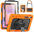 SEYMAC Case for Samsung Galaxy Tab S10 Lite/ S10 FE/ S9 FE/ S9 5G (10.9''/11'') Heavy Duty Shockproof Protective Case with Screen Protector Rotating Stand Hand Strap and Pen Holder Orange