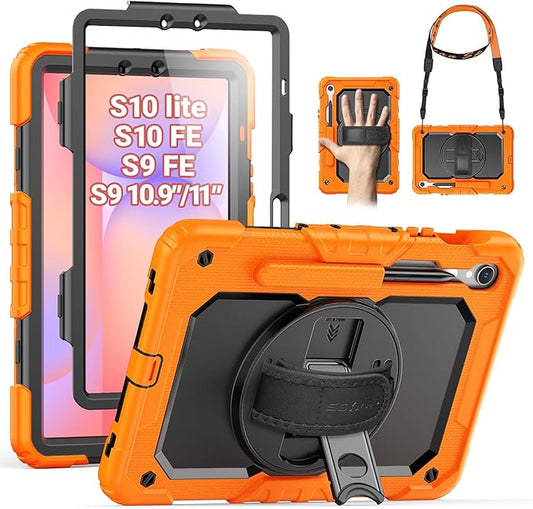 SEYMAC Case for Samsung Galaxy Tab S10 Lite/ S10 FE/ S9 FE/ S9 5G (10.9''/11'') Heavy Duty Shockproof Protective Case with Screen Protector Rotating Stand Hand Strap and Pen Holder Orange