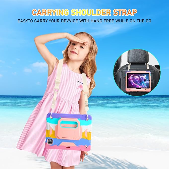 KCJ for iPad Pro 11 Case (M4) 2024with Tempered Glass Screen ProtectorCute Protective Case with Folding Stand/Pencil Holder/Shoulder Strap for iPad Pro 11 2024 (5th Generation) (Rainbow)