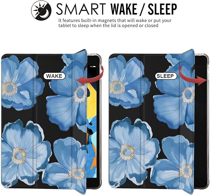 JOYLAND for iPad Air 5th/4th Generation 10.9 Inch 2022/2020 with Pencil Holder-Auto Wake/SleepBlue Floral Pattern Anti-Scratch Shockproof Premium Folio Stand CaseBlack