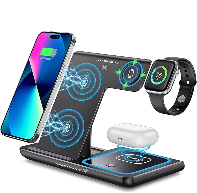 3 in 1 Wireless Charging Station Compatible with iPhone Samsung and AirPods – Foldable Wireless Charger Stand for Smart Watch – Desk &amp Travel Charging Dock