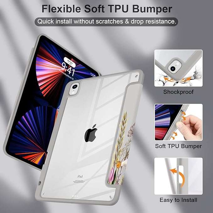 Batianda Hybrid Case for New iPad 11 2025 A16 Chip/iPad 10 2022 10.9-inch [Built-in Pencil Holder] Shockproof Cover with Clear Transparent Back Shell TPU BumperAuto Sleep/Wake Flowers