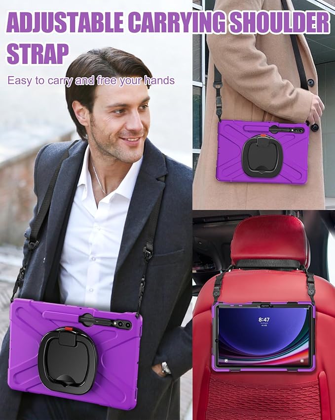 BRAECN Case for Samsung Galaxy Tab S10+/S9 FE+/S9+/S8+/S7 FE/S7+ 12.4” SM-X820/X610/X810/X800/T730/T970 Silicone Cover w/Screen Protector/Handle Grip/Kickstand/Shoulder Strap/S Pen Holder Purple