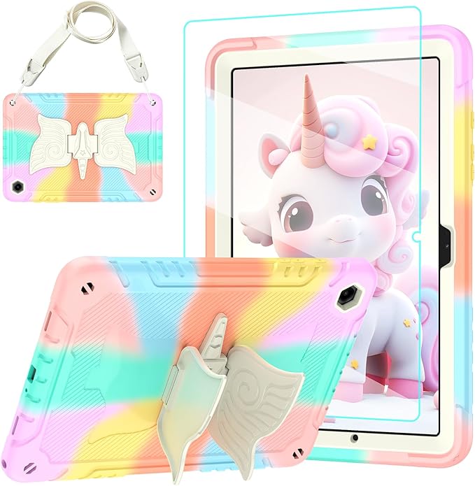 Case for Samsung Galaxy Tab A11+ Plus/ A9+ 11 inch 2025/2023 with Screen ProtectorUnicorn Stand Shoulder Strap for Galaxy Tab A11 Plus/A9 Plus Tablet Case Kids Girls (Colourful Rose)