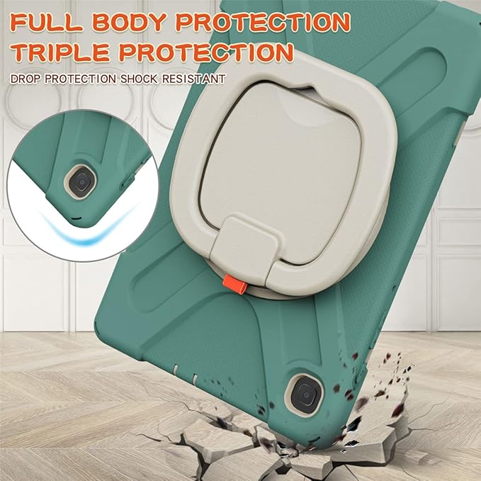 360 Rotation Case for Samsung Galaxy Tab S6 Lite 10.4 Sturdy Cover Rotate Ring Stand Shoulder Carrying Strap Hand Strap Rugged Children Adults Outdoor Case (DarkGreen)