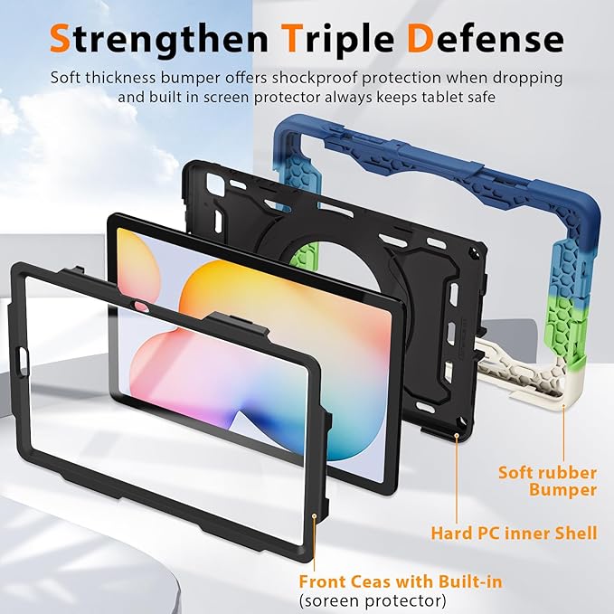 ROISKIN Case for Samsung Galaxy Tab S6 Lite 10.4’’ (2024-2020)Drop-Proof Protection Cover with 360° Rotate Stand &amp Handle &amp Screen Protector &amp Shoulder Strap &amp Kids Friendly