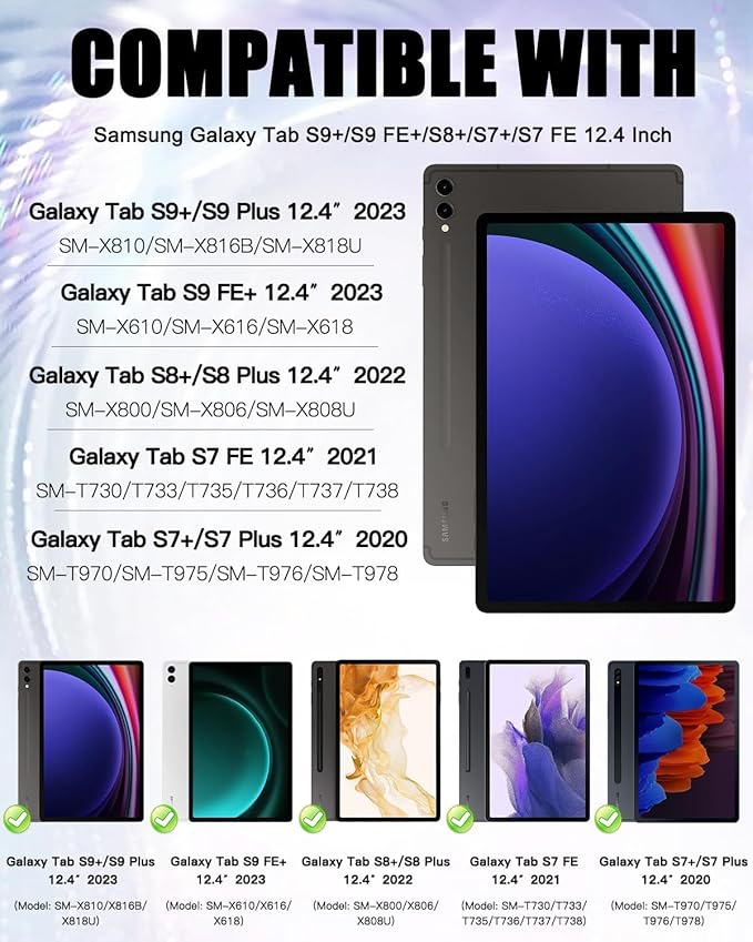 Kids Case for Galaxy Tab S9 Plus/Tab S9 FE Plus 2023/Tab S7 FE 5G 2021/Tab S8 Plus 2022/Tab S7 Plus 2020 12.4 inch with S Pen Holder/Handle Stand Cover for Tab S9 FE+/S7 FE/S9+/S8+/S7+ Black