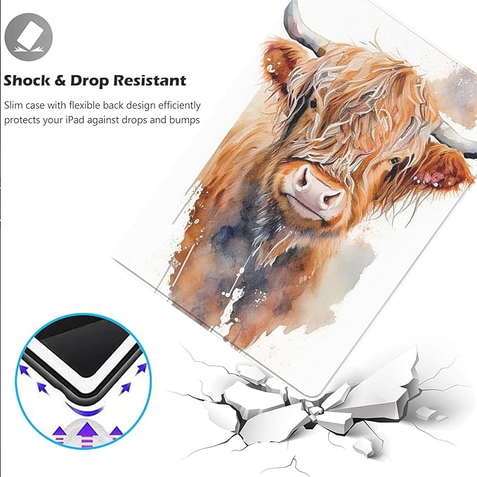 Case for iPad 10.9-Inch (iPad 10th Generation 2022)Adjustable Stand Auto Wake/Sleep Function Full Body Protection Cover - Watercolour Highland Cow