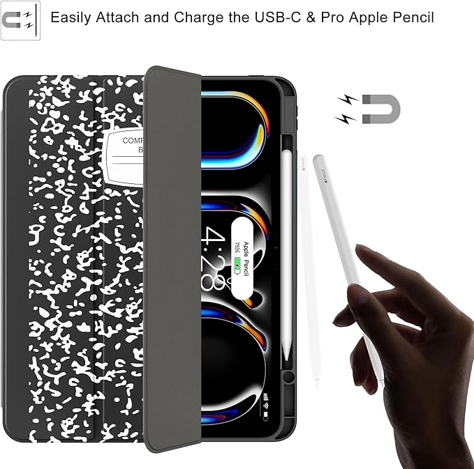 Soke Case for New iPad Pro 13 Inch (M5/M4 2025/2024 Release) with Pencil Holder Trifold Stand Shockproof [Support Apple Pencil Charging + Auto Wake/Sleep] Soft TPU Back Cover Book Black