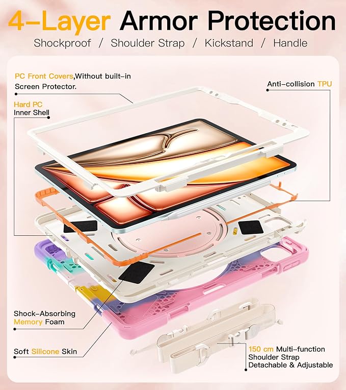 BRAECN for iPad Air 13 Inch Case M4 2026/M3 2025/M2 2024 &amp iPad Pro 12.9 Case (6th/5th4th/3rd Gen) Heavy Duty Silicone Cover with 360° Swivel Kickstand Shoulder Strap Pencil Holder Colorful Pi