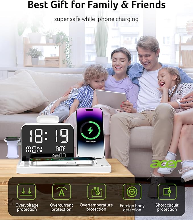 Acer 7-in-1 Wireless Charging Station with LED Clock - 30W Fast Wireless Charger for iPhone 16/15/14/13/12/Pro Max Apple Watch AirPods - Bluetooth Auto Time Sync &amp Night Lights (White)