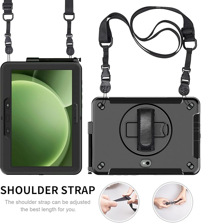 Junfire Shockproof Case for Samsung Galaxy Tab Active5 Pro 2025/ Active4 Pro 2022 Heavy Duty Rugged Case with Screen Protector/Hand Strap/360°Rotating Stand/Shoulder Belt/Pencil Holder Black