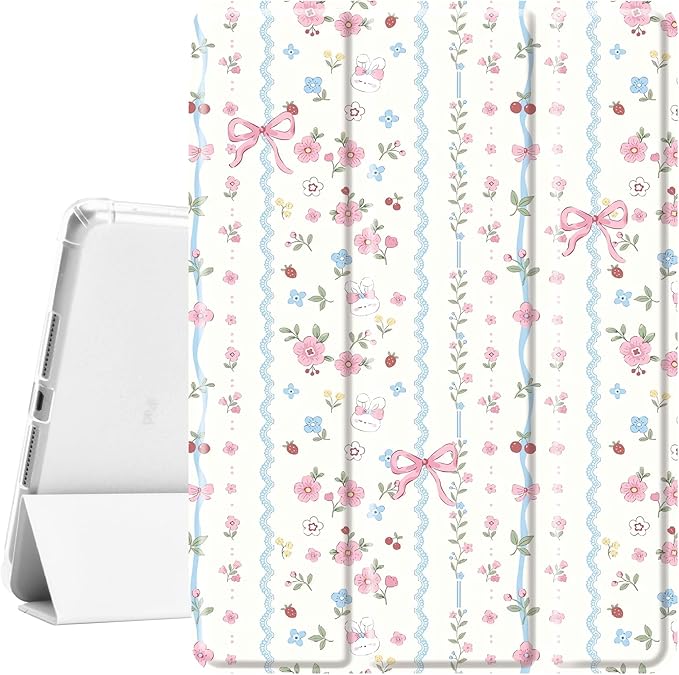 Idocolors Cute Kawaii Floral Bunny Bow Pad Case for 10.2 Inch iPad 9th/7th/8th Generation Clear TPU Smart Stand Back Cover with Pencil Holder Auto Wake/Sleep iPad 2021/2020/2019 Case for Women Girls