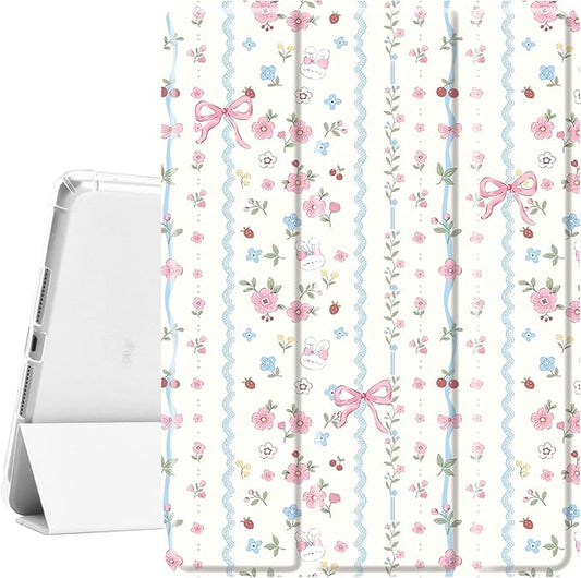 Idocolors Cute Kawaii Floral Bunny Bow Pad Case for 10.2 Inch iPad 9th/7th/8th Generation Clear TPU Smart Stand Back Cover with Pencil Holder Auto Wake/Sleep iPad 2021/2020/2019 Case for Women Girls
