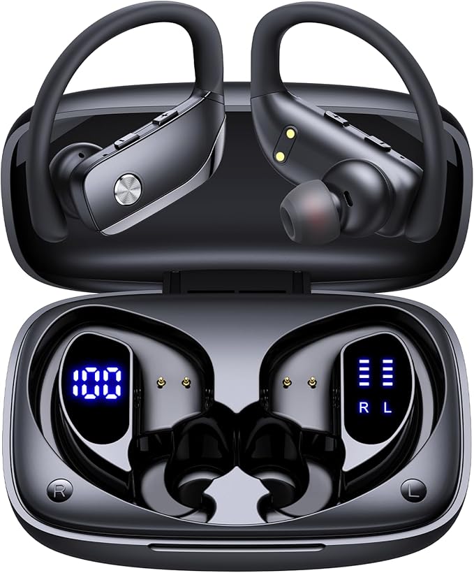 bmani Ear Buds Wireless Earbuds Bluetooth Headphones with 80H Playtime LED Display Case Over-Ear Hook with Mic Stereo Sound Easy Button Controls Sports Earphones for Running Workout Gym Black